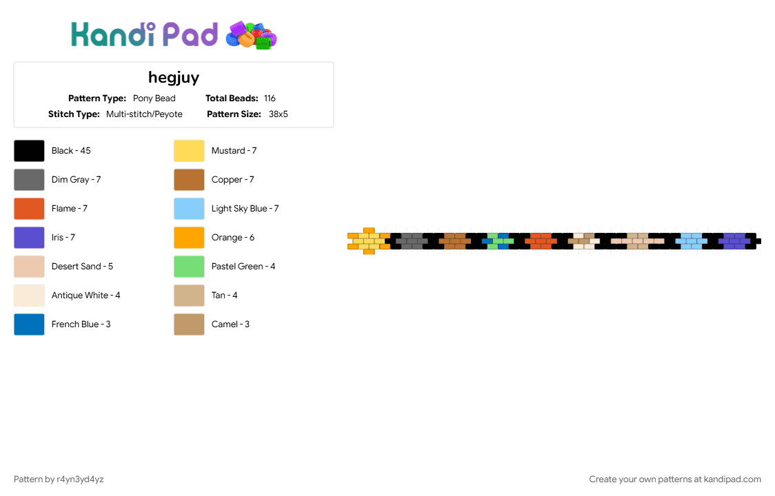 hegjuy - Pony Bead Pattern by r4yn3yd4yz on Kandi Pad - beige, black, colorful, purple, tan, yellow