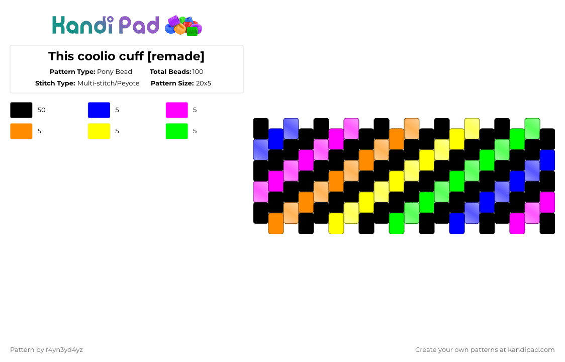 This coolio cuff [remade] - Pony Bead Pattern by r4yn3yd4yz on Kandi Pad - black,pink,yellow,colorful