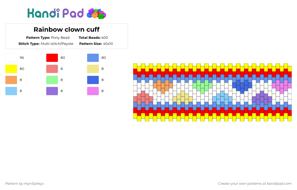 Rainbow clown cuff - Pony Bead Pattern by r4yn3yd4yz on Kandi Pad - red,light blue,yellow,rainbow,primary colors,clown,cuff,colorful,clowncore,kidcore,clowngender