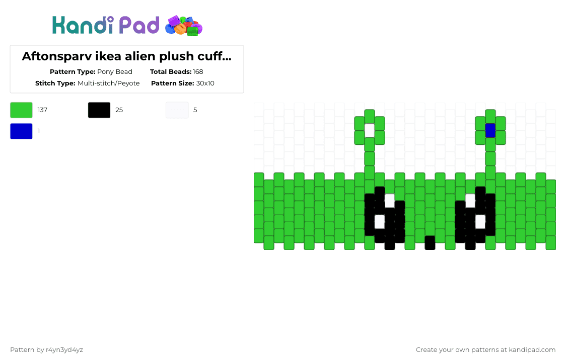 Aftonsparv ikea alien plush cuff with attenae - Pony Bead Pattern by r4yn3yd4yz on Kandi Pad - green,aftonsparv,ikea plush,ikea alien,plush,cuff,alien,peytote