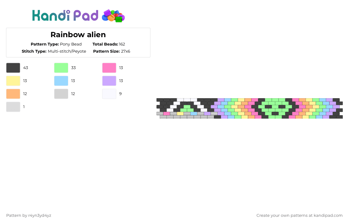 Pastel Rainbow alien and UFO - Pony Bead Pattern by r4yn3yd4yz on Kandi Pad - teal,pink,rainbow,pastel,colorful,spaceship,cute,cuff,alien,ufo