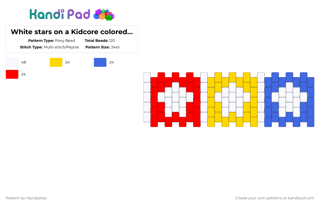 White stars on a Kidcore colored cuff - Pony Bead Pattern by r4yn3yd4yz on Kandi Pad - orange,green,colorful,rainbow,single,kidcore,clowncore,decora