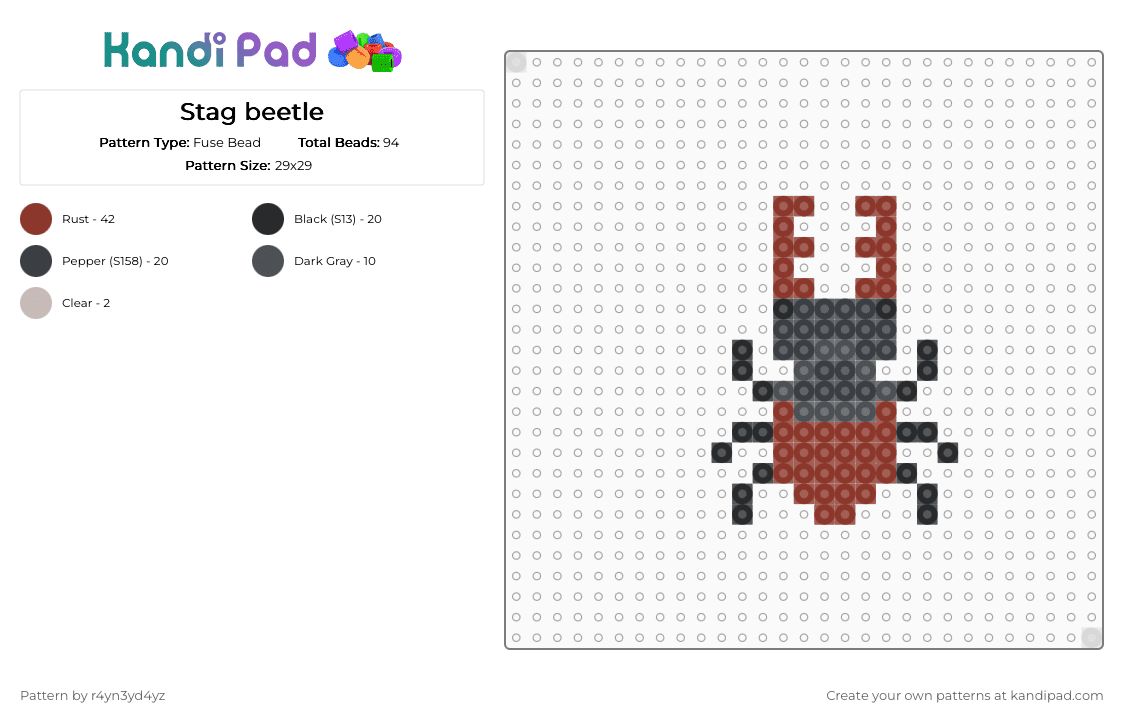 Stag beetle - Fuse Bead Pattern by r4yn3yd4yz on Kandi Pad - red,beetle,bug,nature,animals