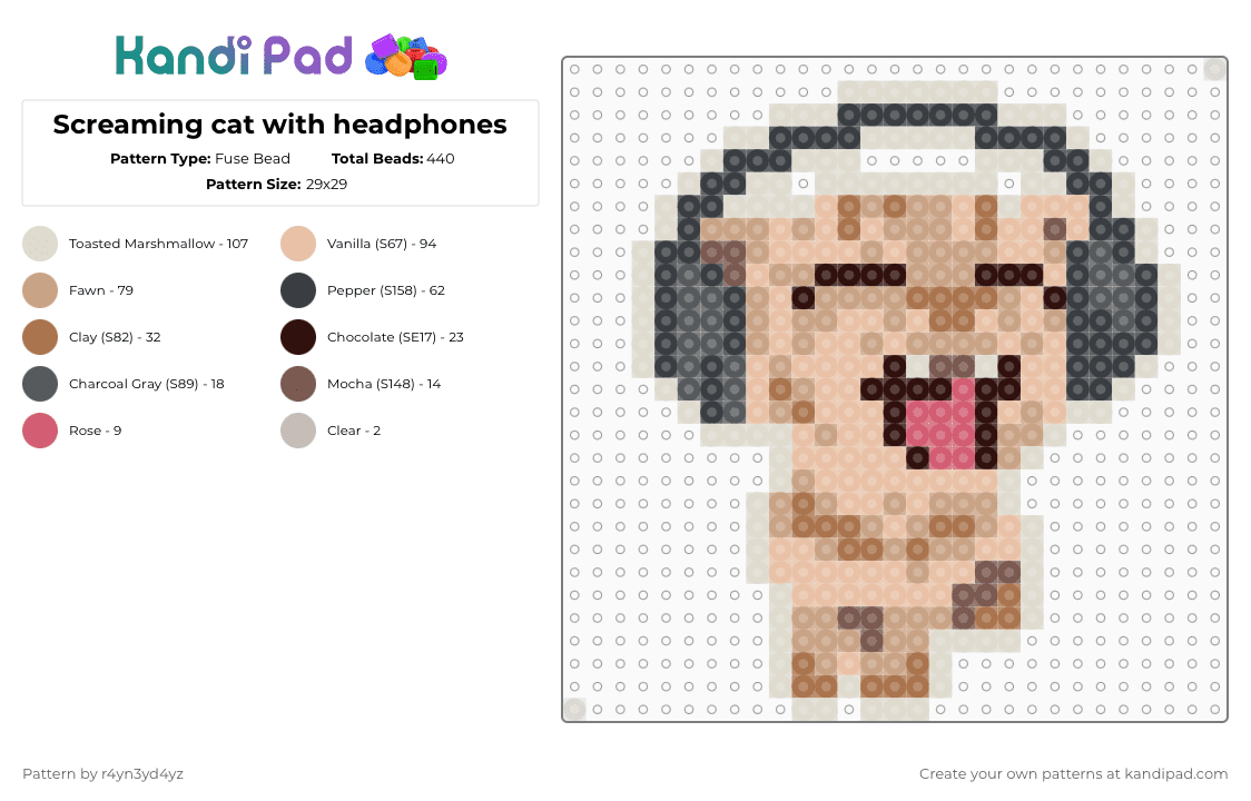 Screaming cat with headphones - Fuse Bead Pattern by r4yn3yd4yz on Kandi Pad - beige