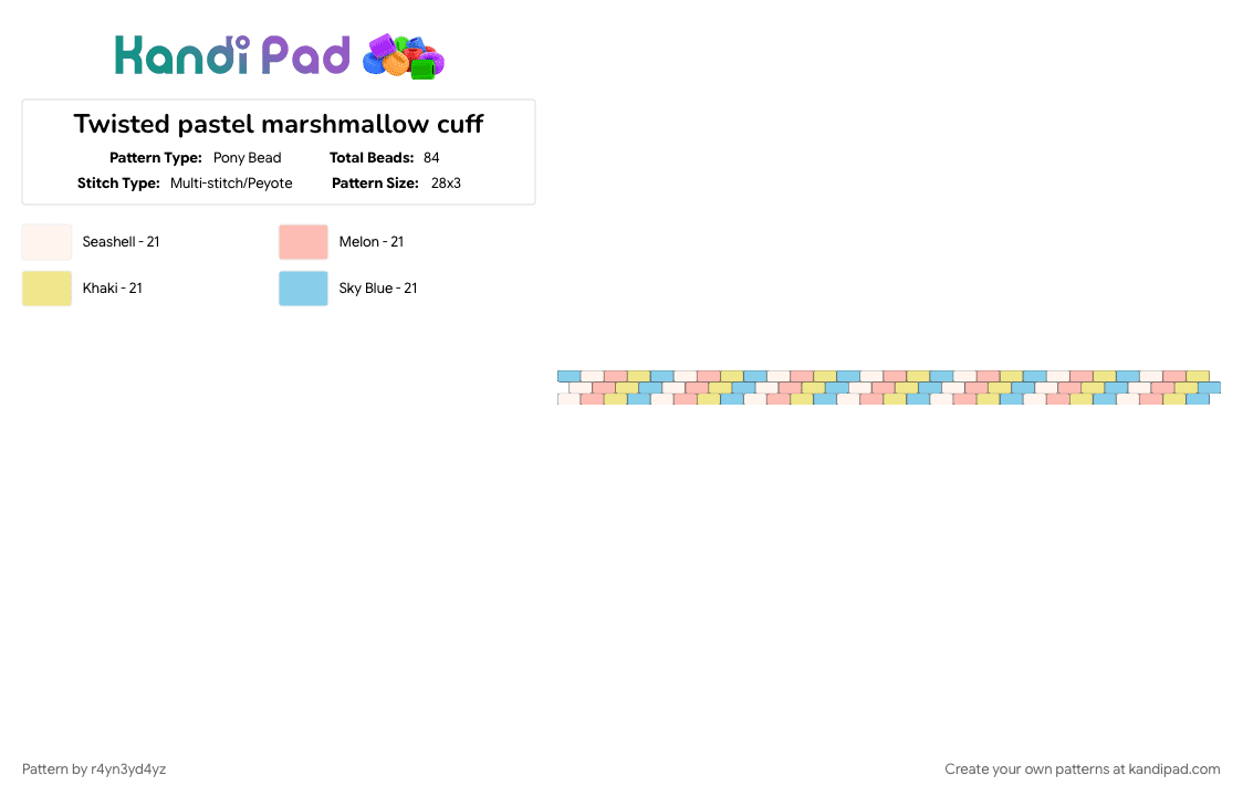 Twisted pastel marshmallow cuff - Pony Bead Pattern by r4yn3yd4yz on Kandi Pad - beige, candy, colorful, food, light blue, sweet, tasty, yellow, yummy