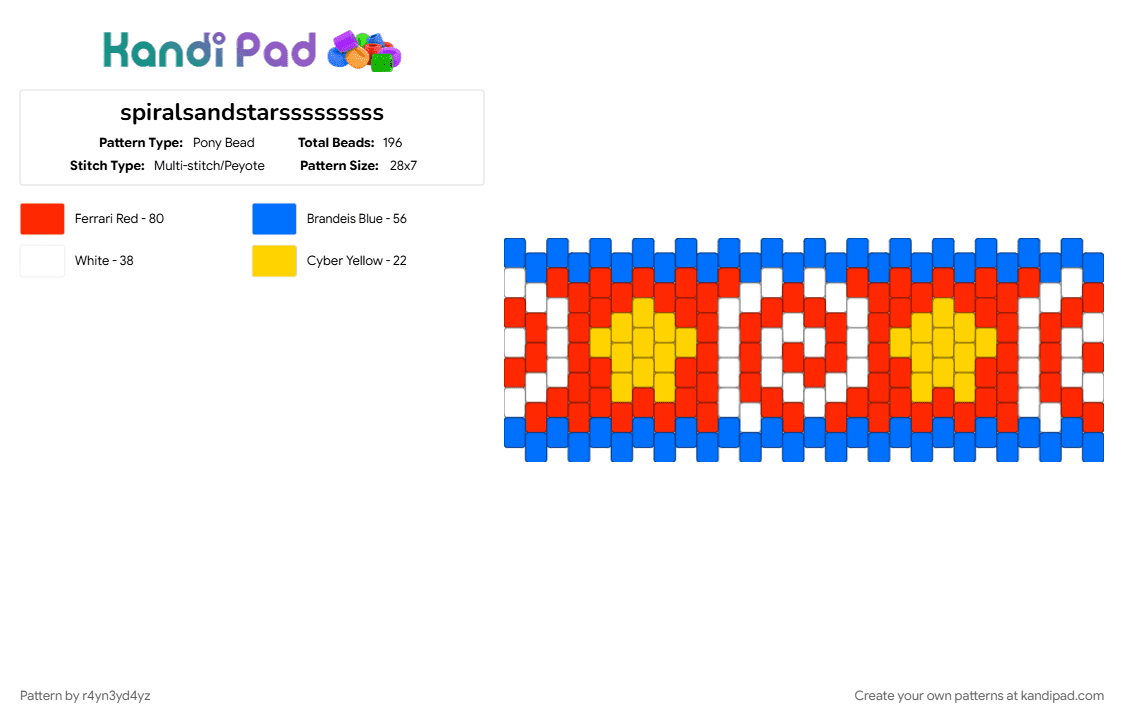 primary color spiral and star cuff - Pony Bead Pattern by r4yn3yd4yz on Kandi Pad - blue, clowncore, kidcore, red, white, yellow