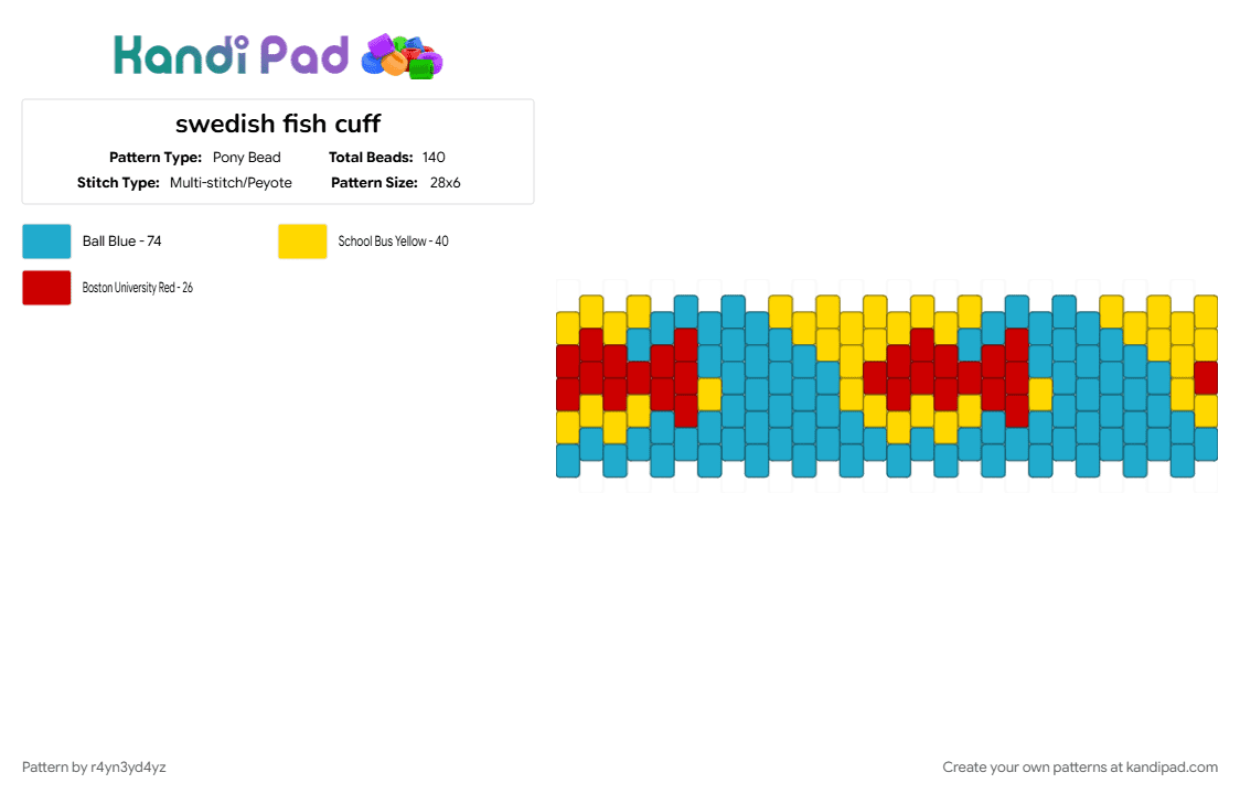 swedish fish cuff - Pony Bead Pattern by r4yn3yd4yz on Kandi Pad - blue, candy, cute, food, light blue, red, sweet, treat, yellow
