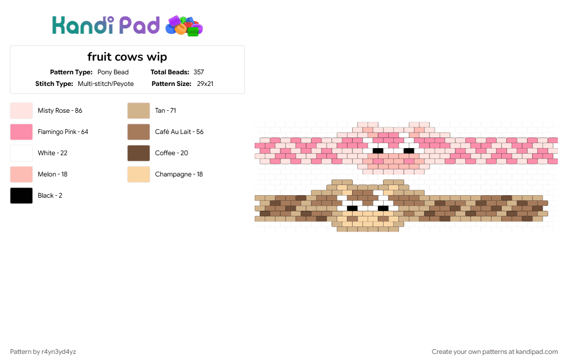 Strawberry and choclate milk cow duo cuffs - Pony Bead Pattern by r4yn3yd4yz on Kandi Pad - animal, beige, brown, candy, cute, food, fruit, pink, sweet