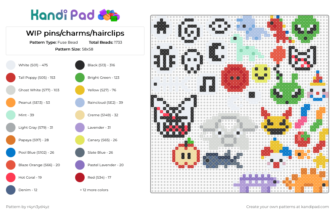 WIP pins/charms/hairclips - Fuse Bead Pattern by r4yn3yd4yz on Kandi Pad - white,red,blue,green,colorful