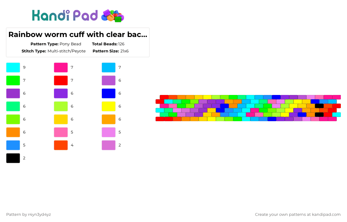 Rainbow worm cuff with inverted rainbow background and edges - Pony Bead Pattern by r4yn3yd4yz on Kandi Pad - pink,purple,light blue,green,rainbow,colorful,worm,kidcore,decora,cuff,toy