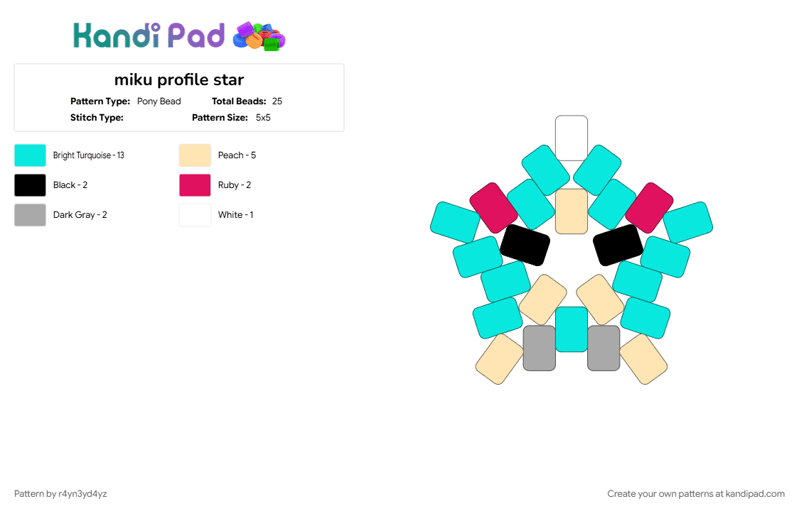 miku profile star - Pony Bead Pattern by r4yn3yd4yz on Kandi Pad - blue, cute, hatsune miku, light blue, miku, music, singer, teal, vocaloid