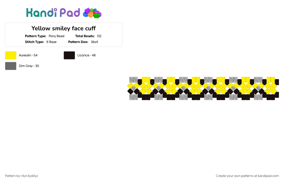 Yellow smiley face cuff - Pony Bead Pattern by r4yn3yd4yz on Kandi Pad - dreamcore, gray, kidcore, weirdcore, yellow