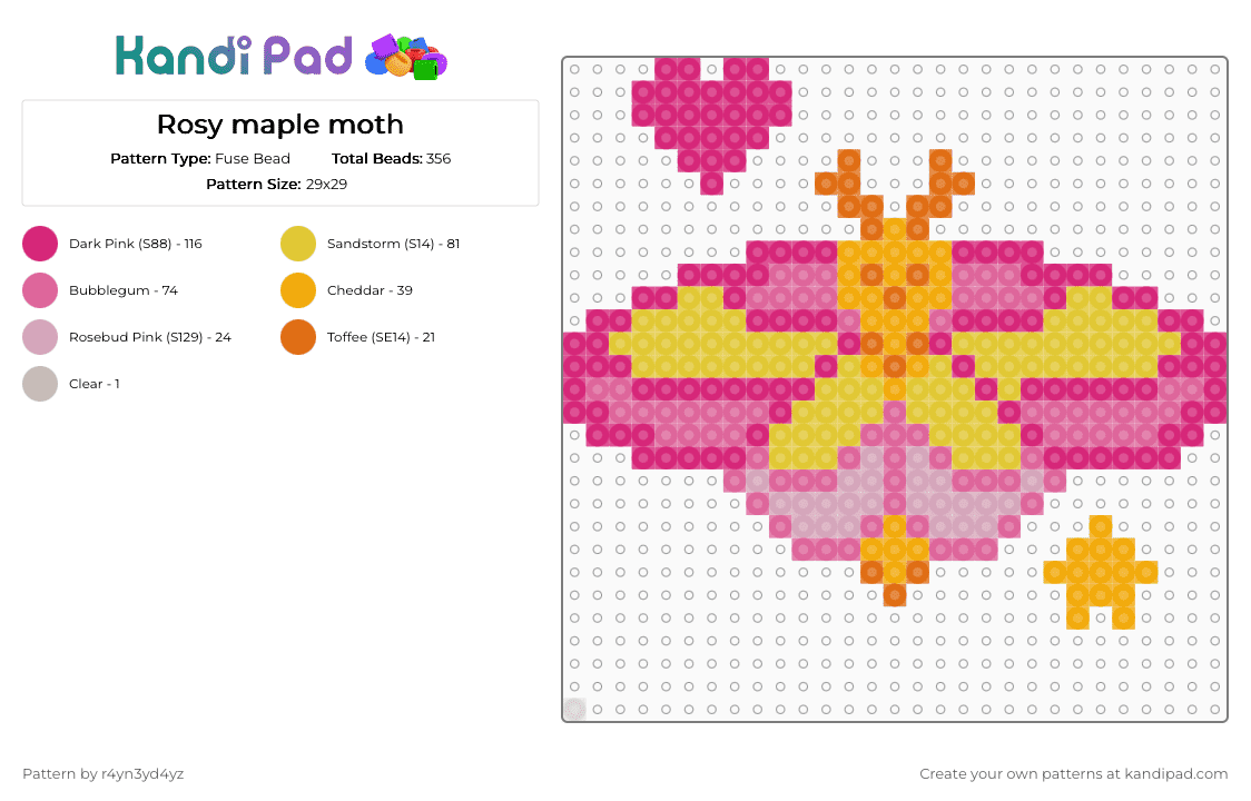Rosy maple moth - Fuse Bead Pattern by r4yn3yd4yz on Kandi Pad - pink,bug,butterfly,cute,animal,nature,yellow
