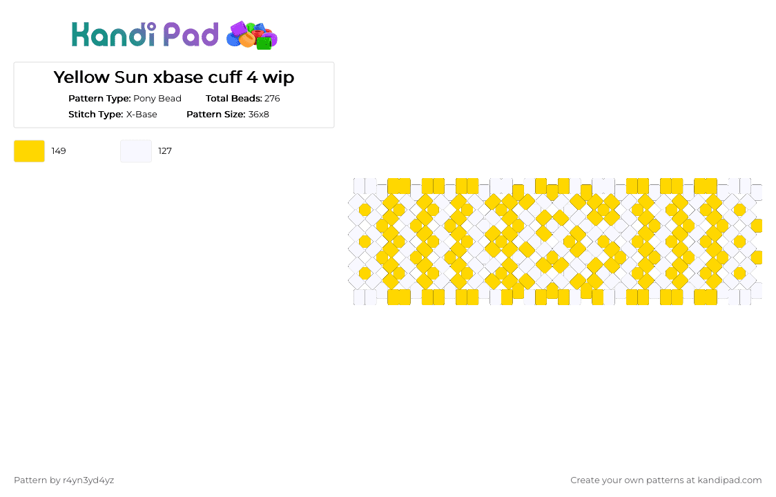 Yellow Sun xbase cuff 4 - Pony Bead Pattern by r4yn3yd4yz on Kandi Pad - white,yellow,nature,whimsical,twee