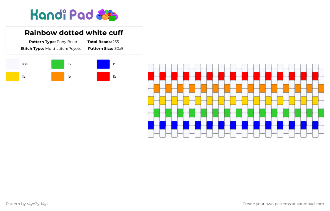 Rainbow dotted white cuff - Pony Bead Pattern by r4yn3yd4yz on Kandi Pad - white,purple,orange,colorful,rainbow,dot,kidcore,decora,cuff,clowncore