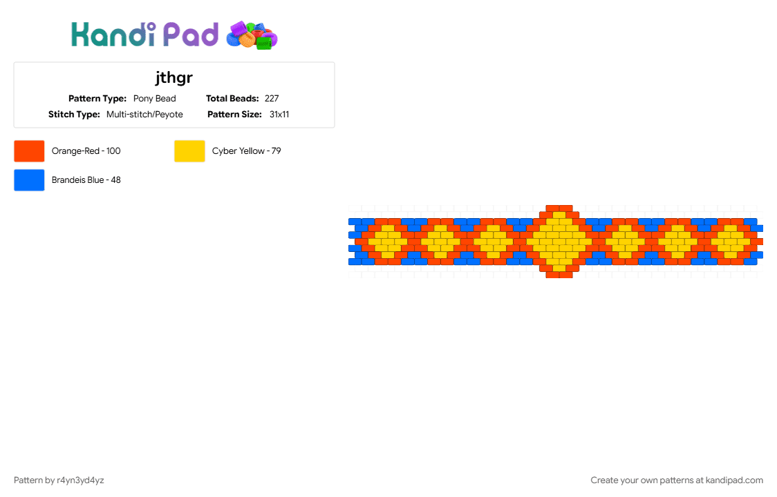 primary color diamond cuff - Pony Bead Pattern by r4yn3yd4yz on Kandi Pad - blue, clowncore, geometric, red, yellow