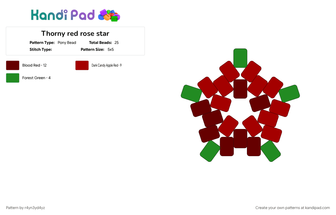 Thorny red rose star - Pony Bead Pattern by r4yn3yd4yz on Kandi Pad - brown, flower, green, nature, plant, pretty, red