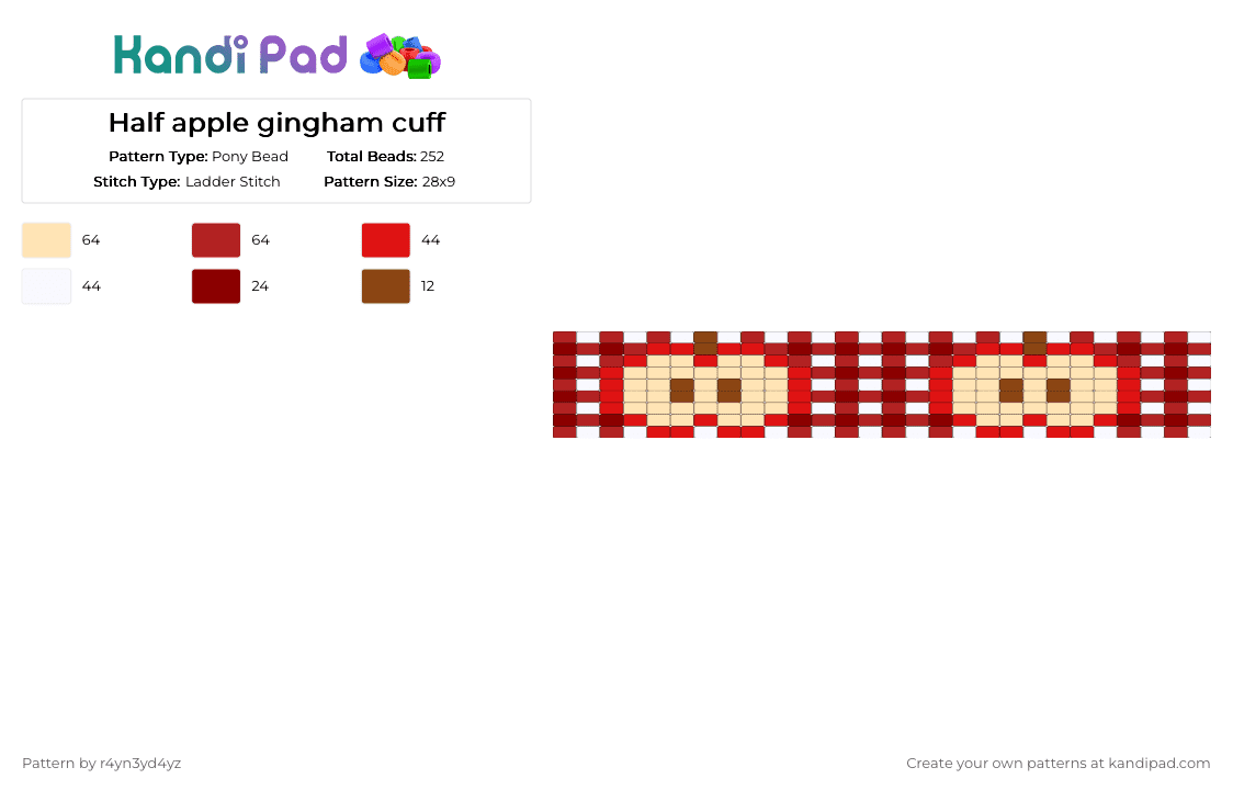 Half apple gingham cuff - Pony Bead Pattern by r4yn3yd4yz on Kandi Pad - beige,red,apple,food,cute,whimsical,gingham,white,fruit