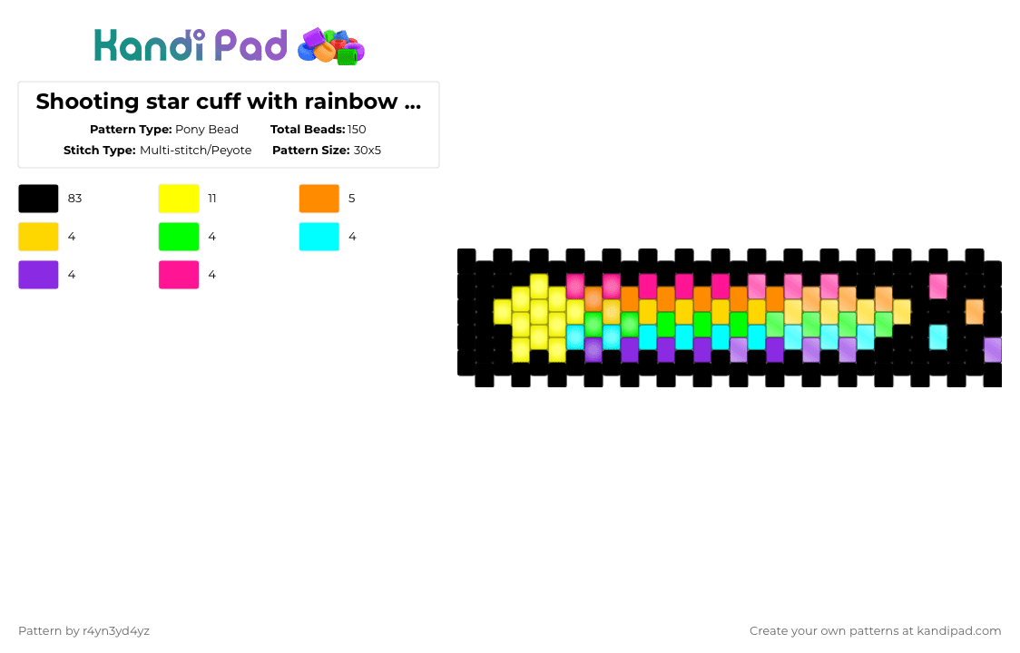 Shooting star cuff with rainbow trail - Pony Bead Pattern by r4yn3yd4yz on Kandi Pad - black,yellow,star,glow,rainbow,space,colorful,cuff,shooting star,galaxy