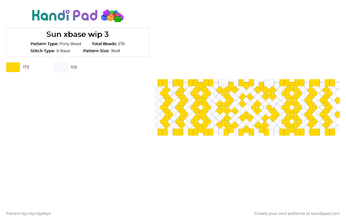 Yellow Sun xbase cuff 1 - Pony Bead Pattern by r4yn3yd4yz on Kandi Pad - white,yellow,whimsical,nature,twee
