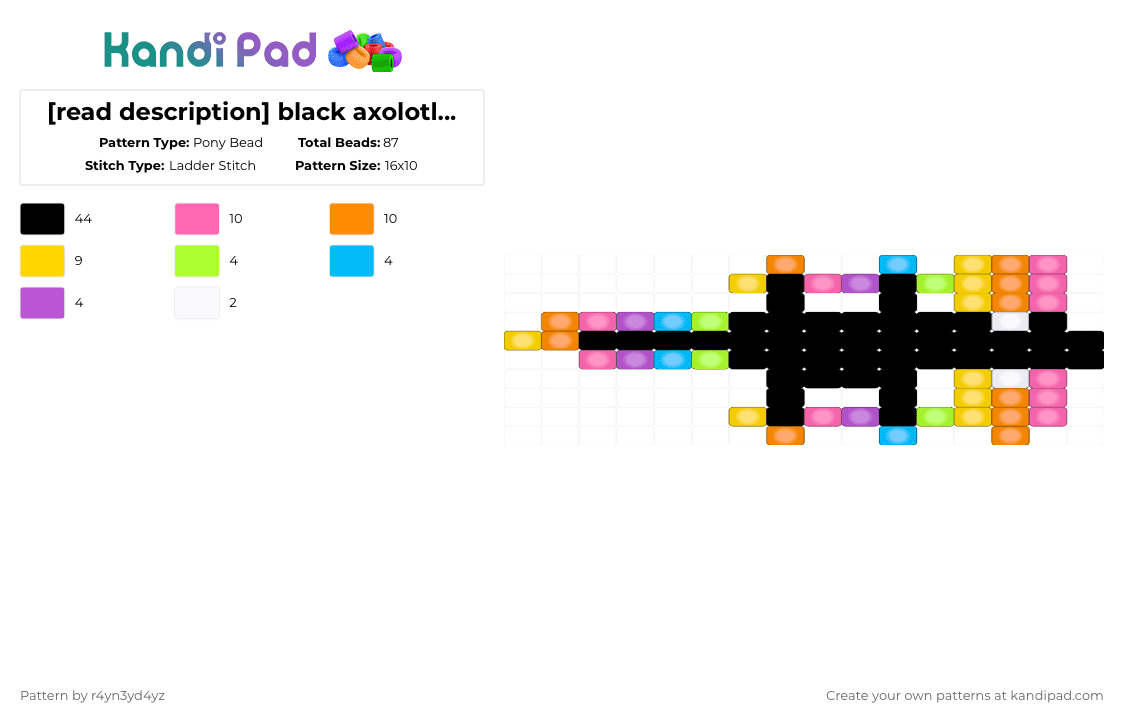 [read description] black axolotl with glowing rainbow accents - Pony Bead Pattern by r4yn3yd4yz on Kandi Pad - black,pink,orange,yellow