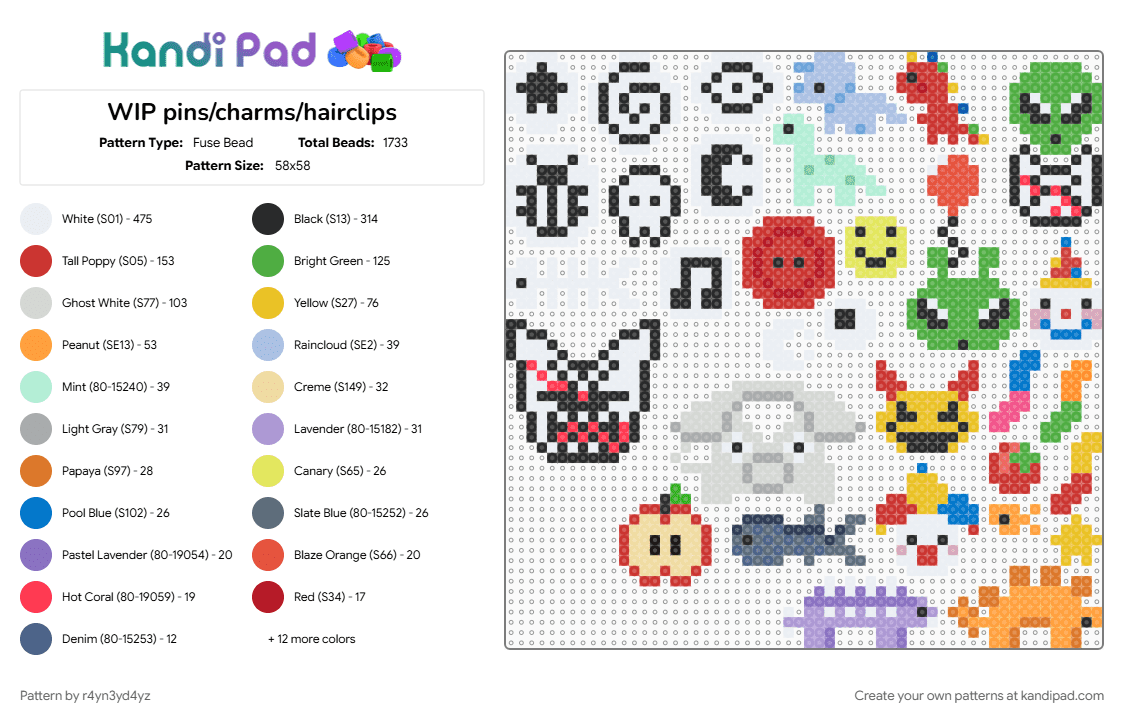 WIP pins/charms/hairclips - Fuse Bead Pattern by r4yn3yd4yz on Kandi Pad - blue, colorful, green, red, white