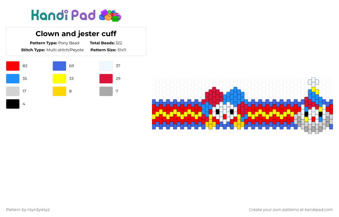 Clown and jester cuff - Pony Bead Pattern by r4yn3yd4yz on Kandi Pad - red,blue,primary color,clown,jester,cuff,party,kidcore,clowncore,peytote