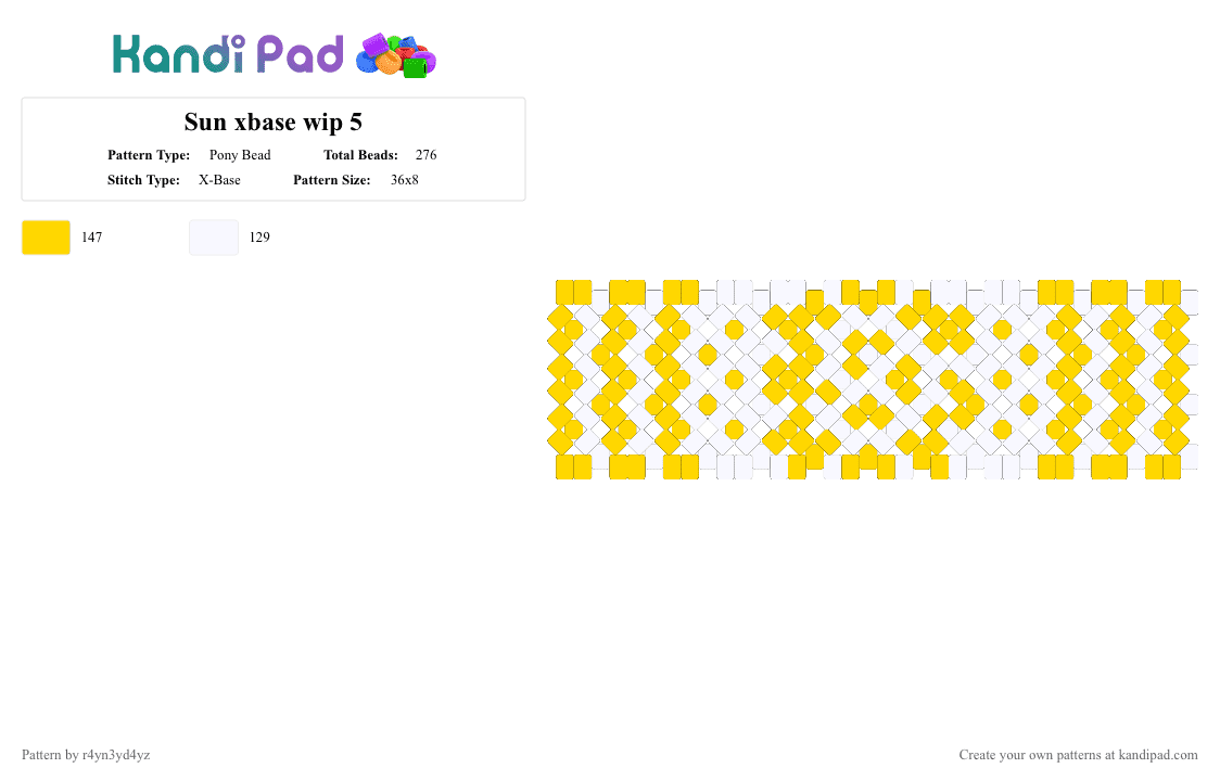 Yellow Sun xbase cuff 3 - Pony Bead Pattern by r4yn3yd4yz on Kandi Pad - white,yellow,nature,whimsical,twee