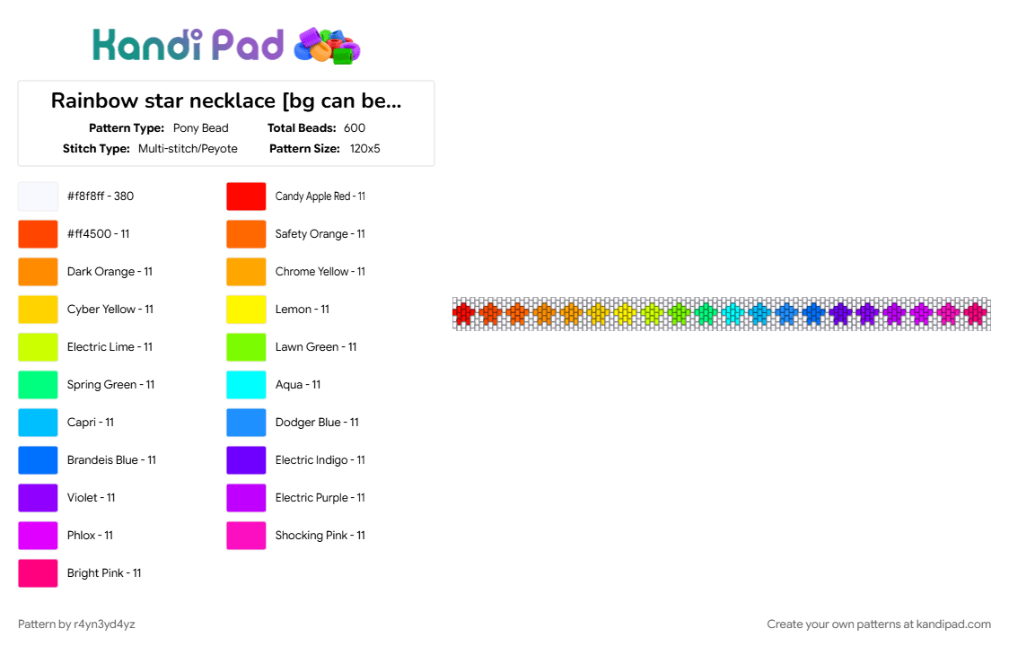 Rainbow star necklace [bg can be black or white] - Pony Bead Pattern by r4yn3yd4yz on Kandi Pad - colorful, cuff, decora, gradient, light blue, necklace, orange, pink, rainbow, star, white