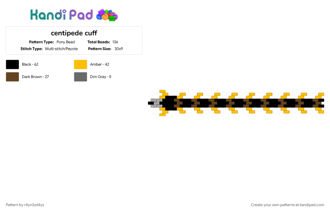 centipede cuff - Pony Bead Pattern by r4yn3yd4yz on Kandi Pad - black, brown, bug, creepy, nature, yellow