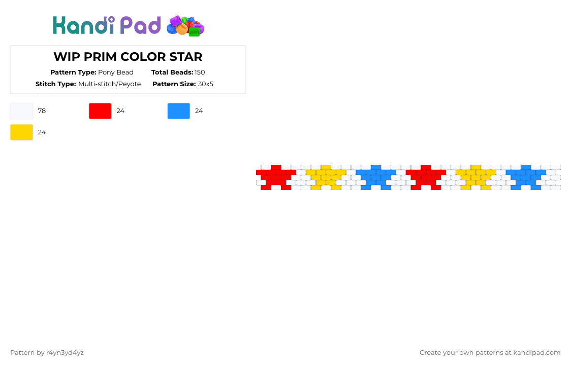 Primary color star peytote cuff with white - Pony Bead Pattern by r4yn3yd4yz on Kandi Pad - white,red,light blue,yellow,clowncore,primary color,star,cuff,decora,kidcore