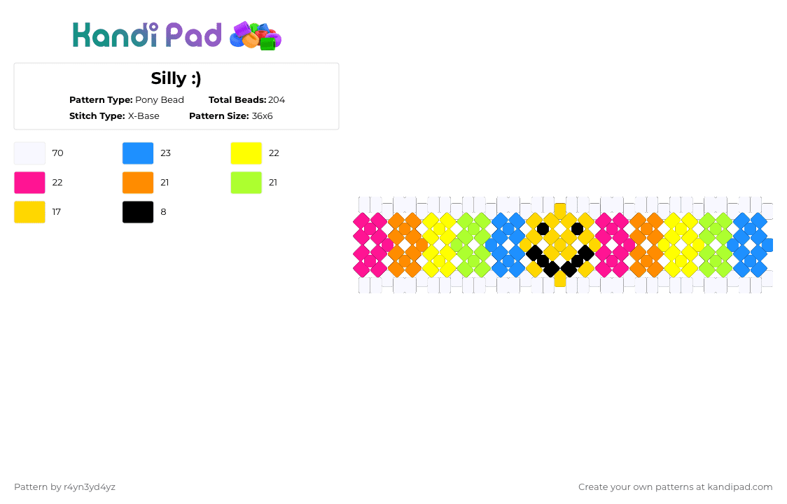 Silly smile - Pony Bead Pattern by r4yn3yd4yz on Kandi Pad - yellow,colorful,rainbow,kidcore,dreamcore,weirdcore,smile,cuff,x base