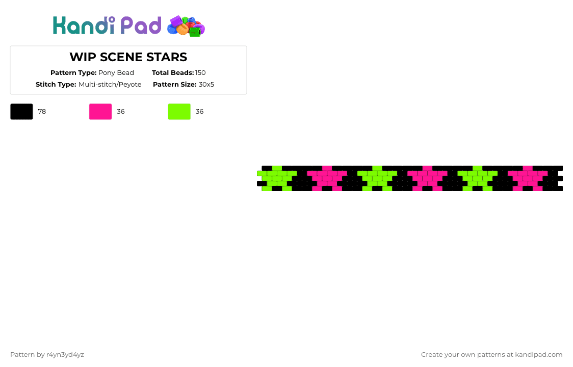 Scene star peytote - Pony Bead Pattern by r4yn3yd4yz on Kandi Pad - pink,green,neon,black,scene,star,cuff
