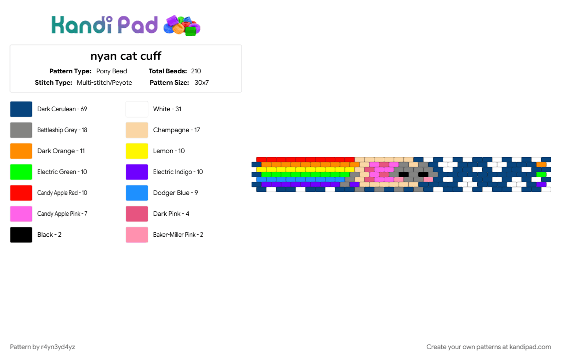 nyan cat cuff - Pony Bead Pattern by r4yn3yd4yz on Kandi Pad - animal, beige, blue, colorful, cute, food, gray, rainbow, scene, space, sparkle