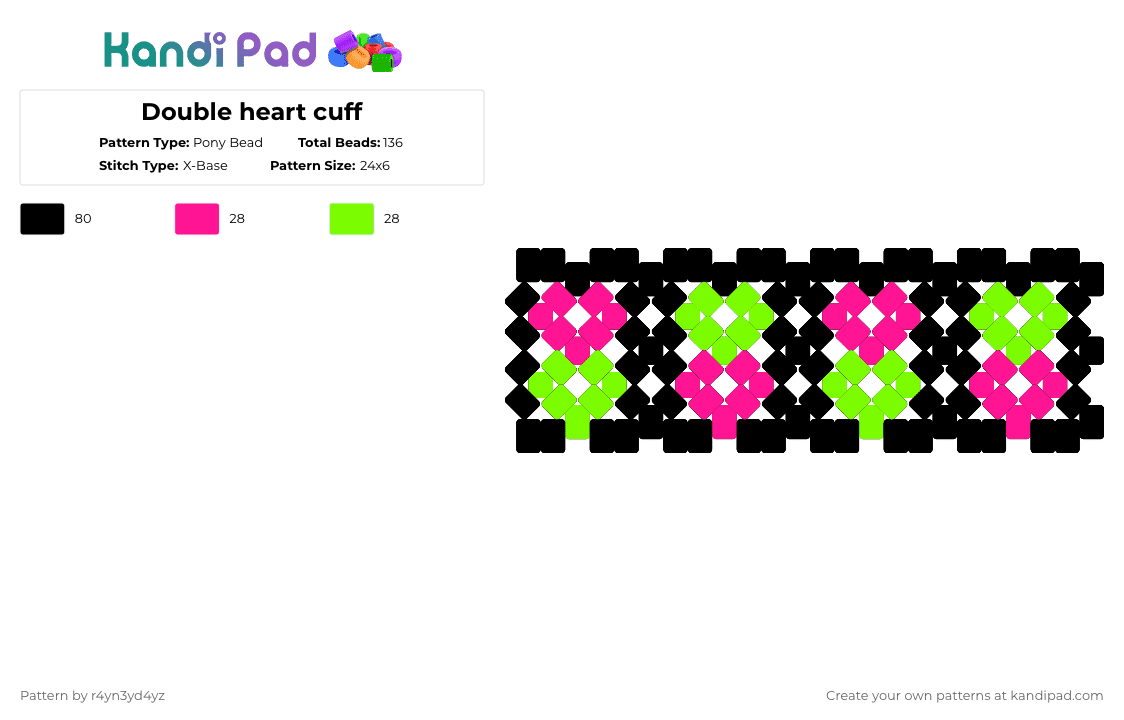 Double scene heart cuff - Pony Bead Pattern by r4yn3yd4yz on Kandi Pad - pink,green,x base,cuff,scene,heart,lime green,hot pink,cute,kewl