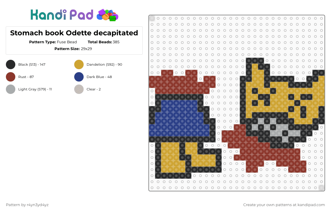 Stomach book Odette decapitated - Fuse Bead Pattern by r4yn3yd4yz on Kandi Pad - white,orange,red,stomach book,odette,ode,creepy,music,yellow,blue,black