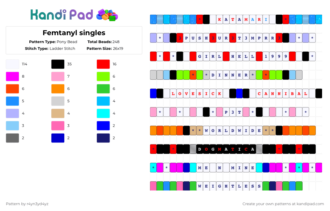 Femtanyl singles - Pony Bead Pattern by r4yn3yd4yz on Kandi Pad - white,light blue,red,pink,colorful