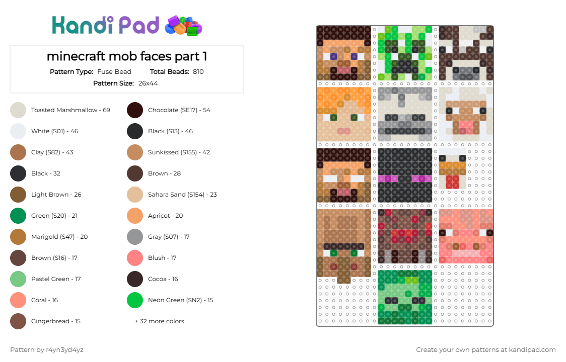 minecraft mob faces part 1 - Fuse Bead Pattern by r4yn3yd4yz on Kandi Pad - beige, brown, colorful, green, tan