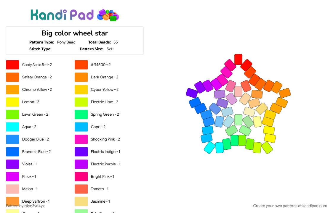 Big rainbow color wheel star - Pony Bead Pattern by r4yn3yd4yz on Kandi Pad - colorful, fade, gradient, light blue, orange, rainbow, teal