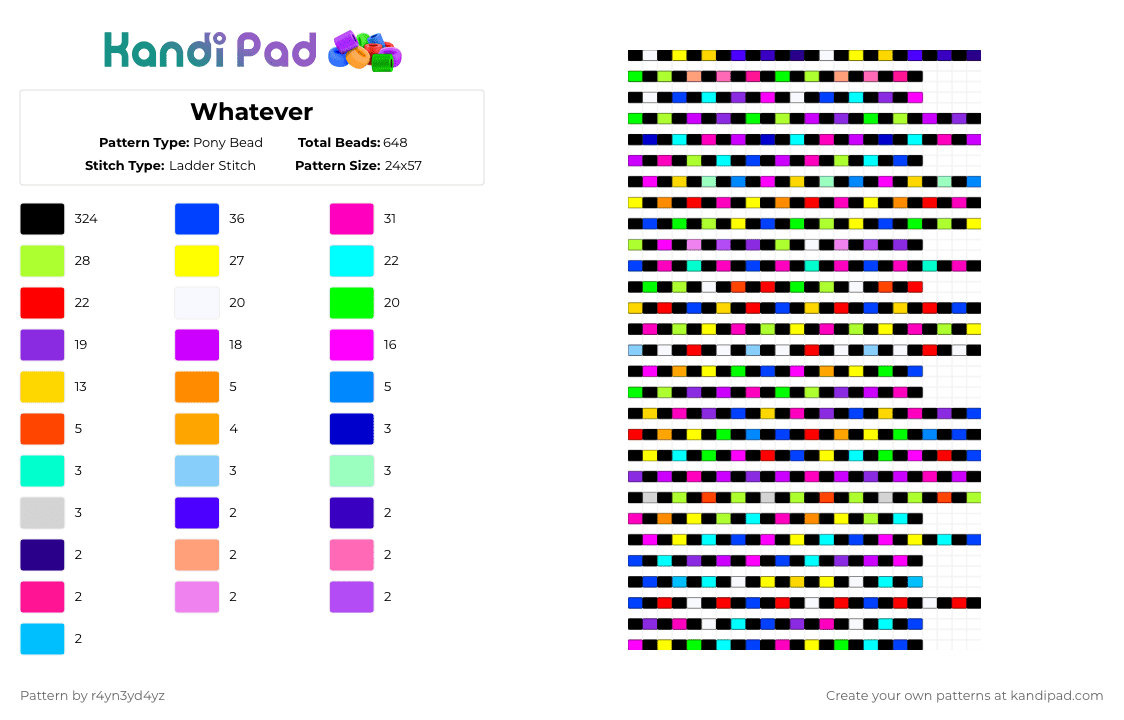 Black and color single ideas - Pony Bead Pattern by r4yn3yd4yz on Kandi Pad - black,purple,pink,light blue,colorful,neon,rainbow,single,scene