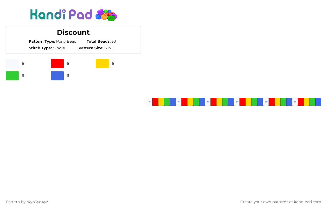 Kidcore rainbow single with white stars - Pony Bead Pattern by r4yn3yd4yz on Kandi Pad - red,yellow,green,blue,single,colorful,rainbow,kidcore,star,decora,clowncore