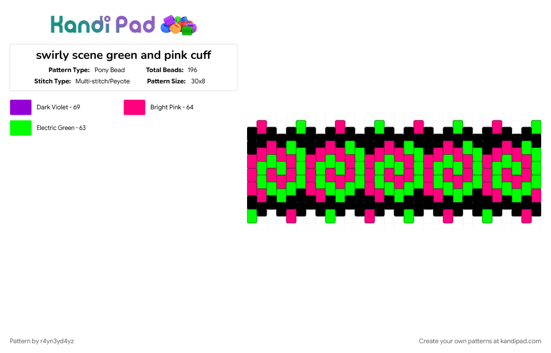 swirly scene green and pink cuff - Pony Bead Pattern by r4yn3yd4yz on Kandi Pad - black, green, pink, scene