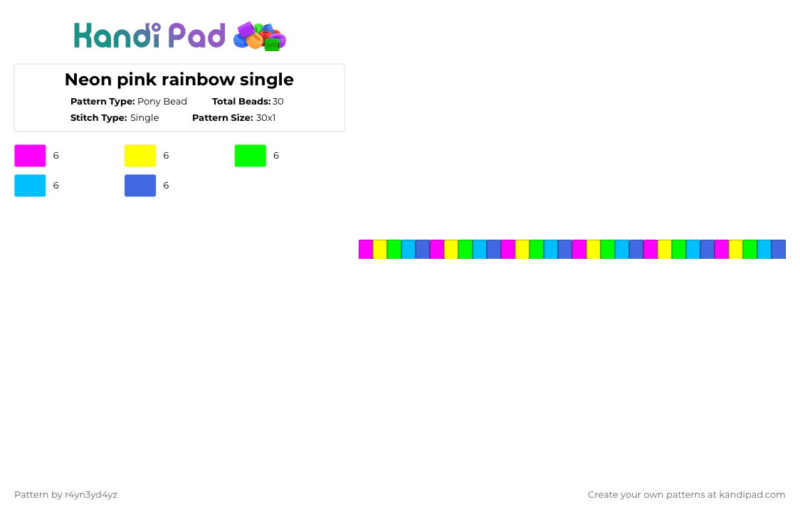 Neon pink rainbow single - Pony Bead Pattern by r4yn3yd4yz on Kandi Pad - yellow,light blue,colorful,rainbow,neon,bright