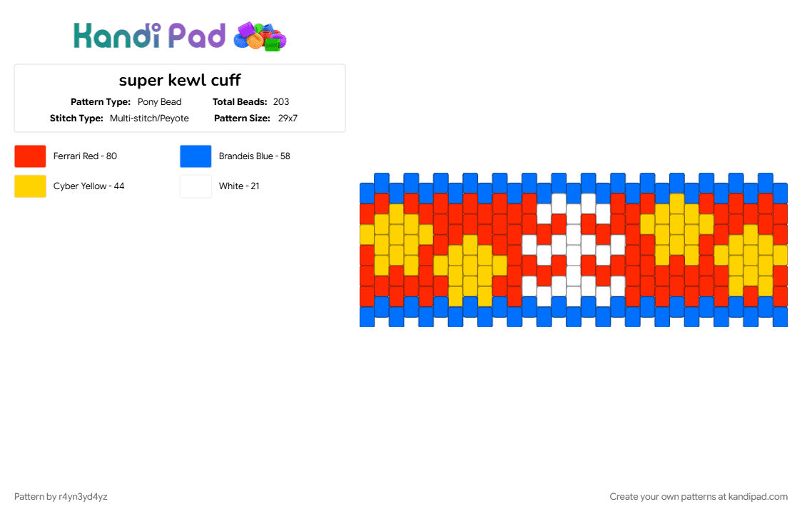 clowncore ribcage and stars cuff - Pony Bead Pattern by r4yn3yd4yz on Kandi Pad - blue, bones, kidcore, primary colors, red, skeleton, white, yellow