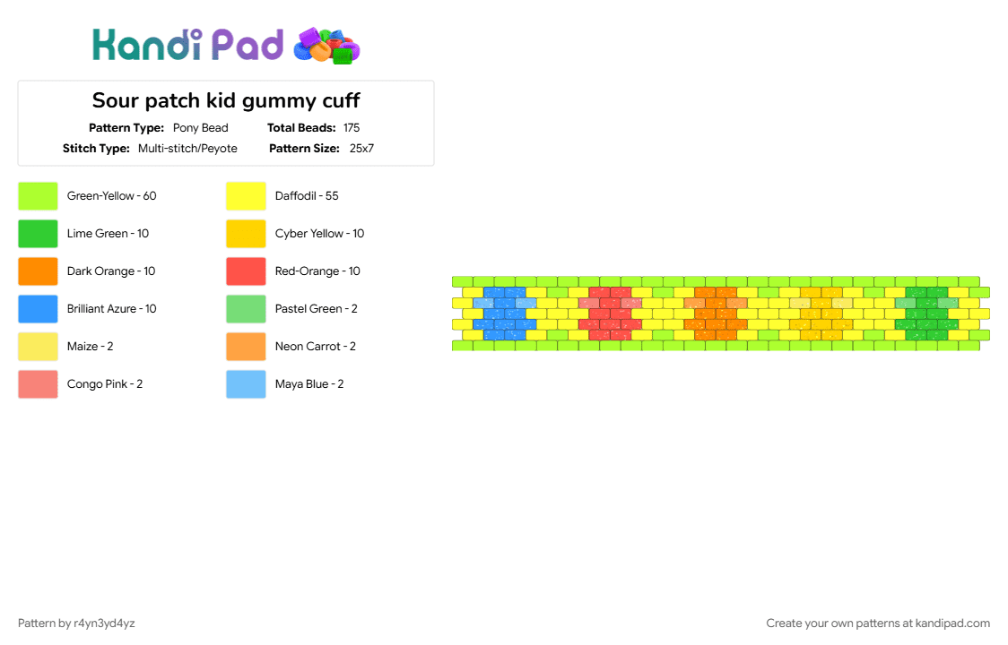 Sour patch kid gummy cuff - Pony Bead Pattern by r4yn3yd4yz on Kandi Pad - candy, colorful, food, green, rainbow, sour, sweet, treat, yellow
