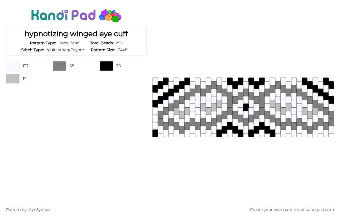 hypnotizing winged eye cuff - Pony Bead Pattern by r4yn3yd4yz on Kandi Pad - gray, white