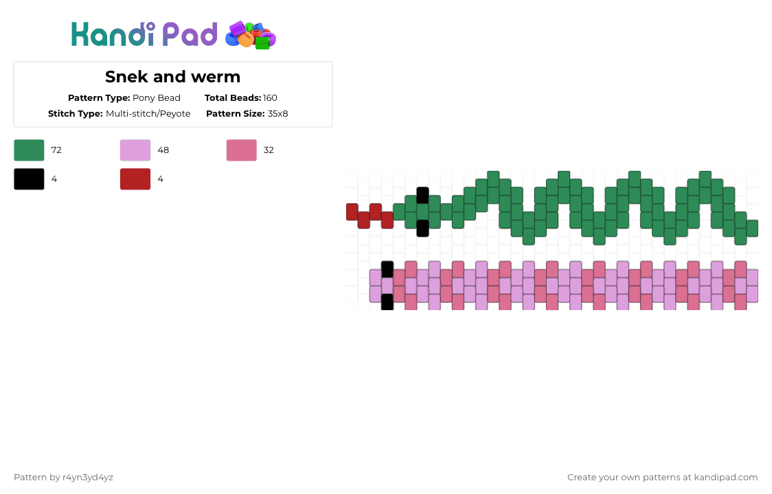 Snek and werm - Pony Bead Pattern by r4yn3yd4yz on Kandi Pad - green,pink,cuff,animal,worm,snake,reptile,bug,peytote,nature
