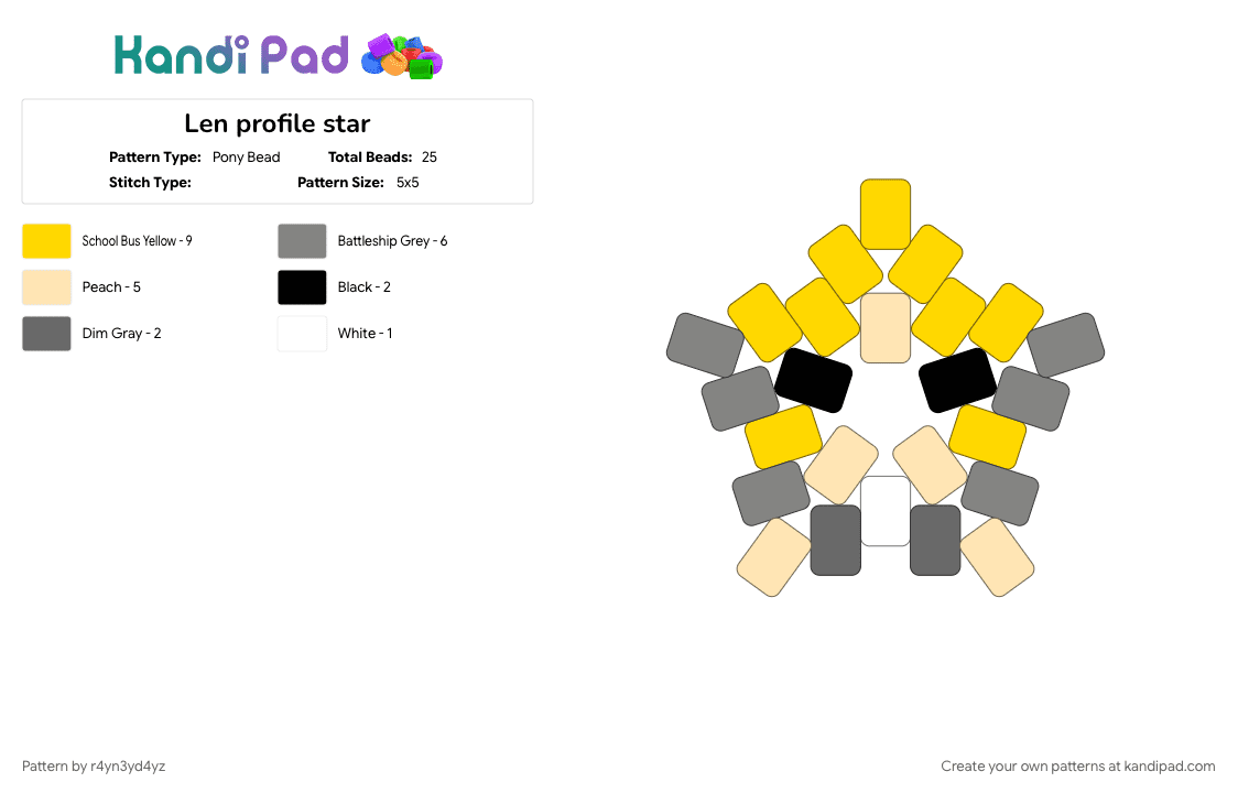 Len profile star - Pony Bead Pattern by r4yn3yd4yz on Kandi Pad - character, gray, kagamine len, music, song, vocaloid, yellow