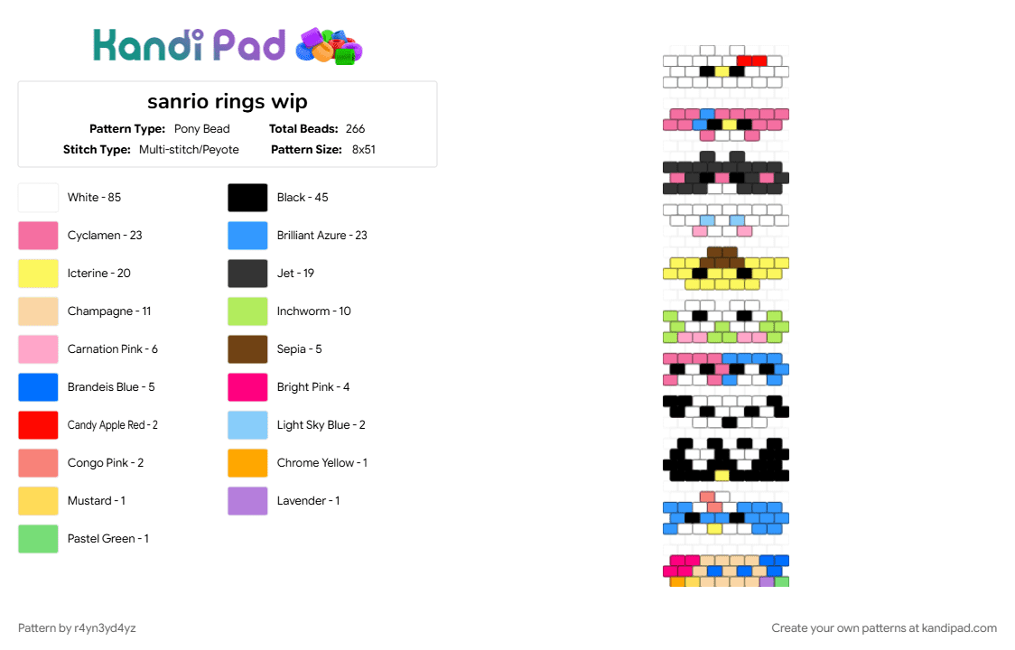 sanrio rings - Pony Bead Pattern by r4yn3yd4yz on Kandi Pad - beige, characters, colorful, cute, hello kitty, keromi, light blue, my melody, pastel, pink, pompompurin, white, yellow