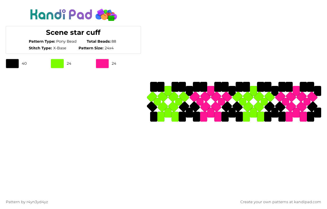 Scene star cuff - Pony Bead Pattern by r4yn3yd4yz on Kandi Pad - green,pink,scene,star,lime green,hot pink,x base,cuff,black,decora